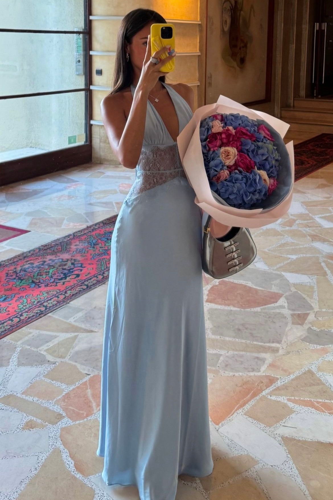 Charming Mermaid Deep V Neck Light Blue Long Prom Dress