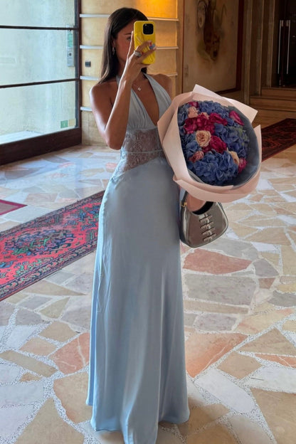 Charming Mermaid Deep V Neck Light Blue Long Prom Dress