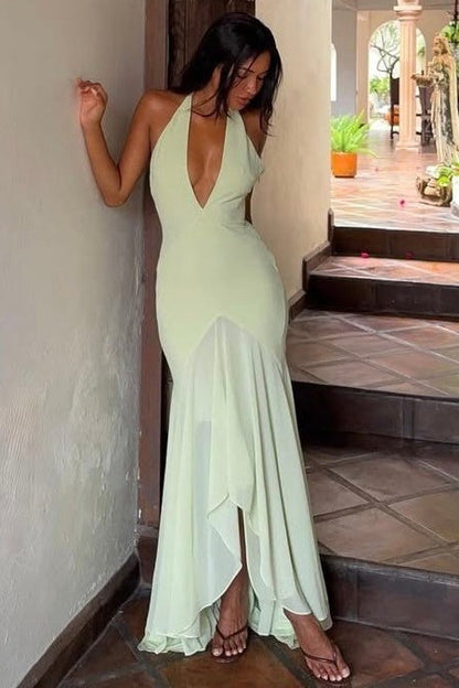 Charming Mermaid Halter Neck Light Green Long Prom Dress