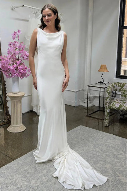 Charming Mermaid Cowl Neck Silk Satin Long Wedding Dress