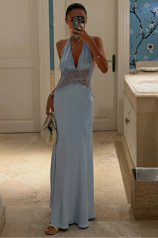 Charming Mermaid Deep V Neck Light Blue Long Prom Dress