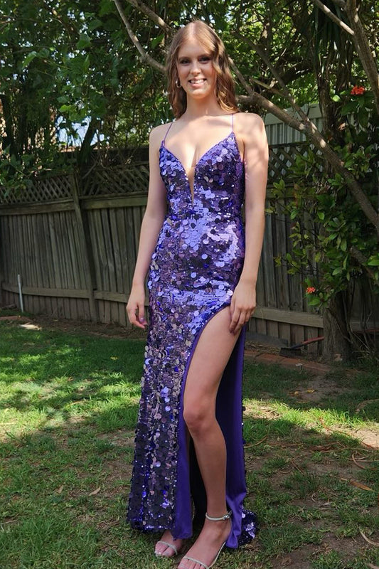 V-Neck Spaghetti Straps Sleeveless Fully Sequined Floor-Length Mermaid Prom Dress with High Slit