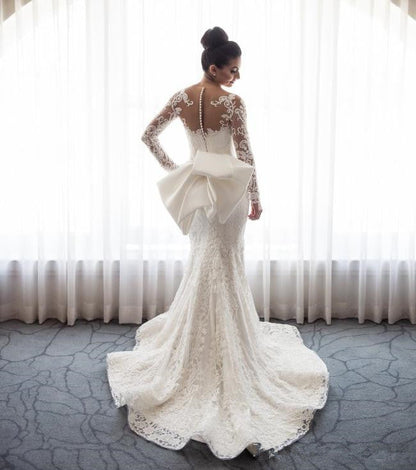 V-Neck Long-Sleeves Allover Lace Applique Mermaid Wedding Dress