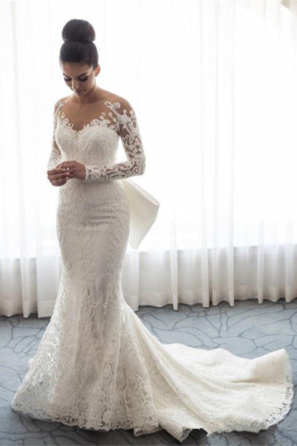 V-Neck Long-Sleeves Allover Lace Applique Mermaid Wedding Dress