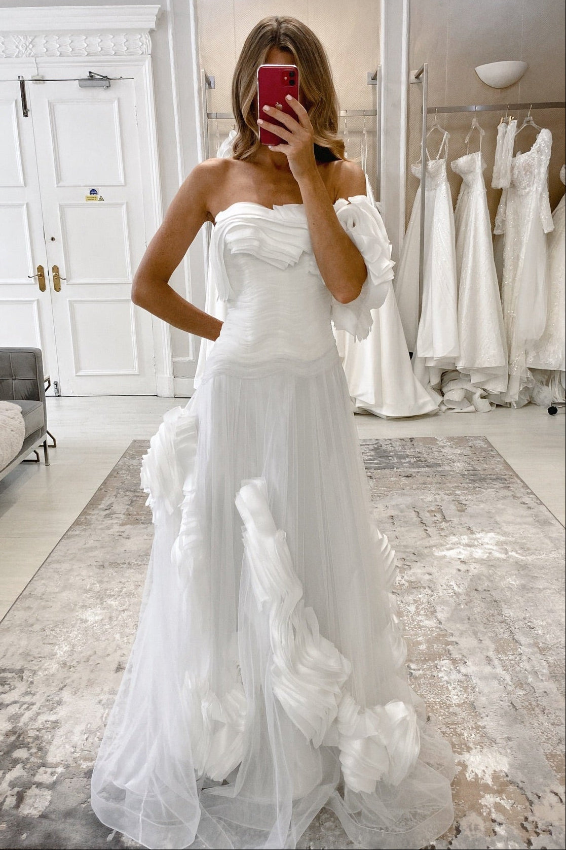 Chic White A-Line Strapless One-Shoulder Ruffles Long Tulle Wedding Dress