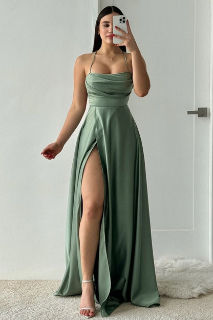 Chic A-Line Spaghetti Straps Lace Up Long Satin Prom Dress