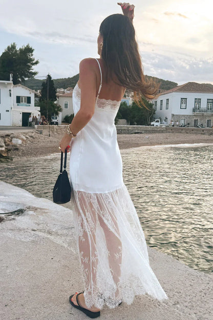 Chic A Line Spaghetti Straps White Long Prom Dress with Lace