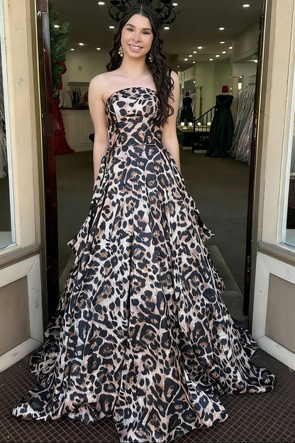 Chic Leopard Print Strapless Tiered A-Line Prom Dress