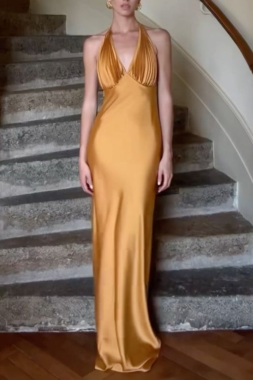 Chic Mermaid Deep V Neck Orange Long Prom Dress with Ruched