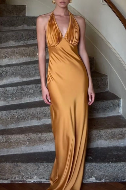 Chic Mermaid Deep V Neck Orange Long Prom Dress with Ruched