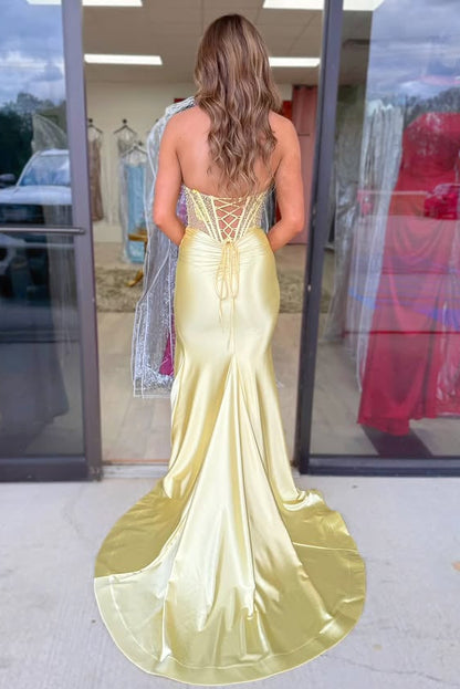 Chic Satin Mermaid Sheer Empire Beaded Party Prom Dress