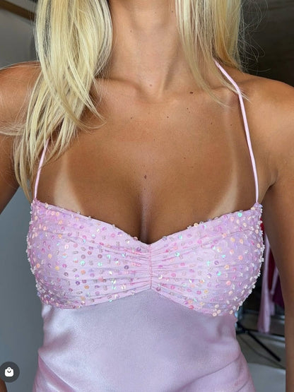 Chic Sheath Spaghetti Straps Purple Long Prom Dress with Sequins