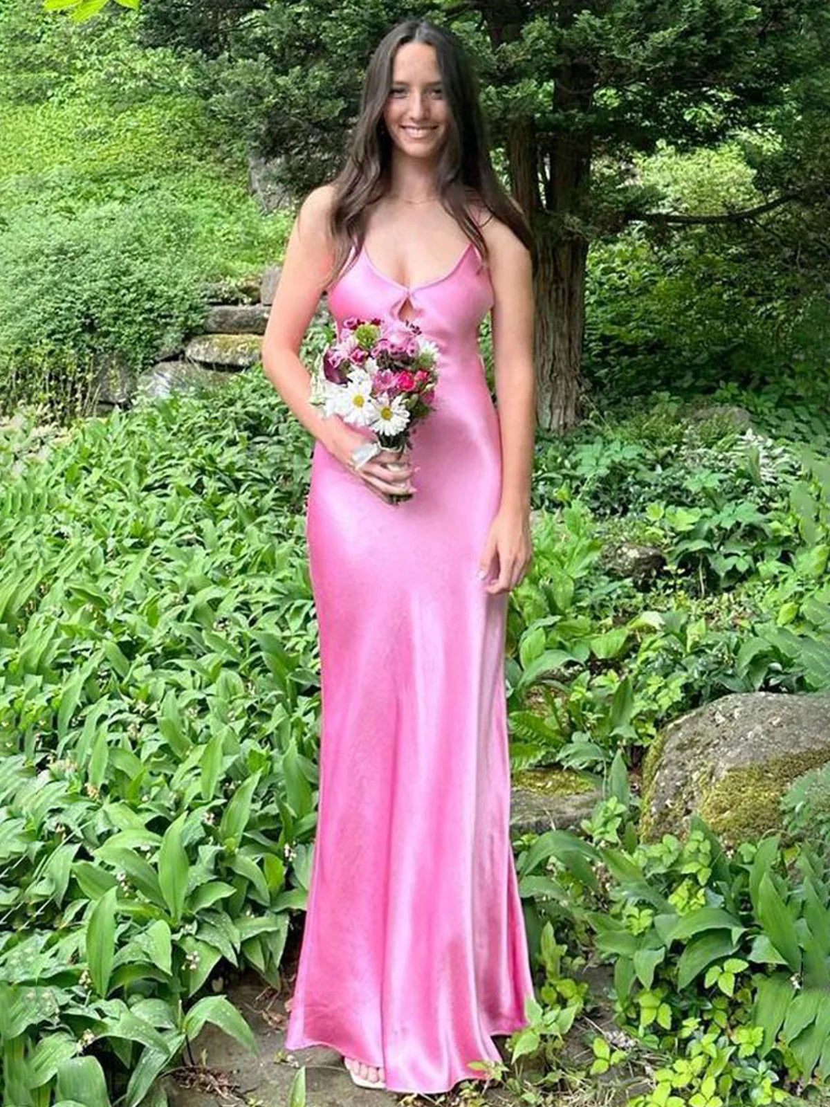 Chic Sheath V Neck Pink Long Prom Dress