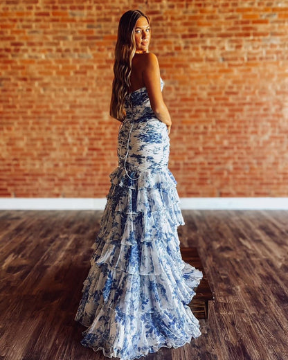 Mermaid Chiffon Ruffled Floral Print Long Prom Dresses