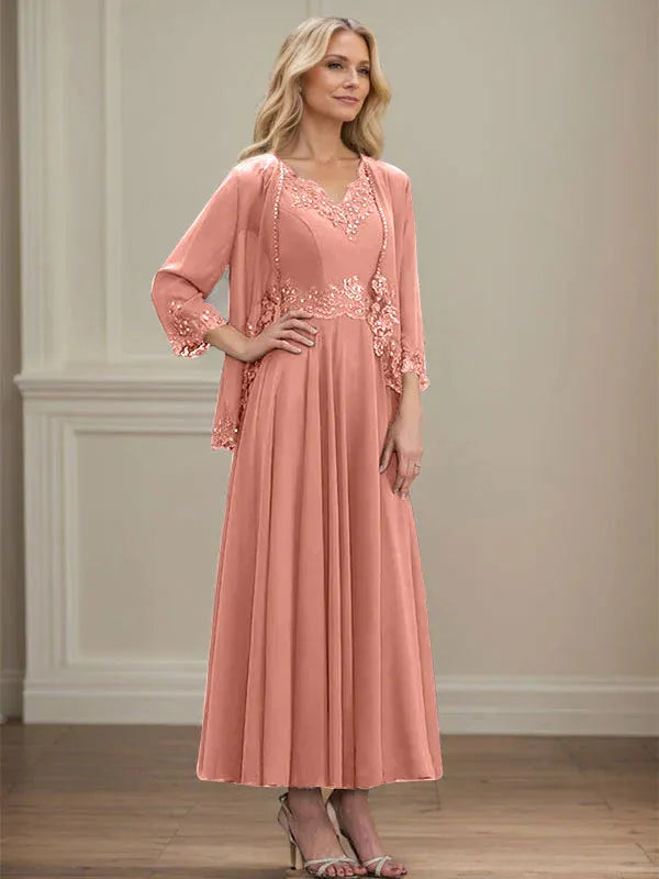 A-line V-Neck Ankle-Length Chiffon Mother of the Bride Dress