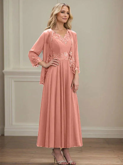 A-line V-Neck Ankle-Length Chiffon Mother of the Bride Dress