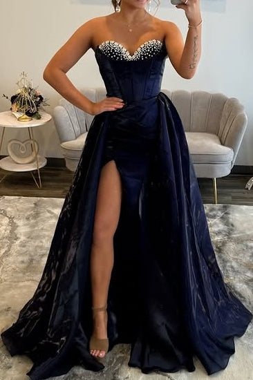 Classic Satin A-Line Beaded Sweetheart Empire Party Prom Dress
