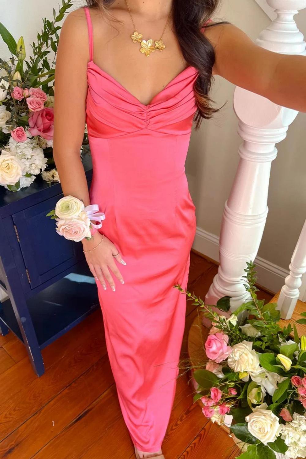 Classic Sheath Spaghetti Straps Candy Pink Long Prom Dress