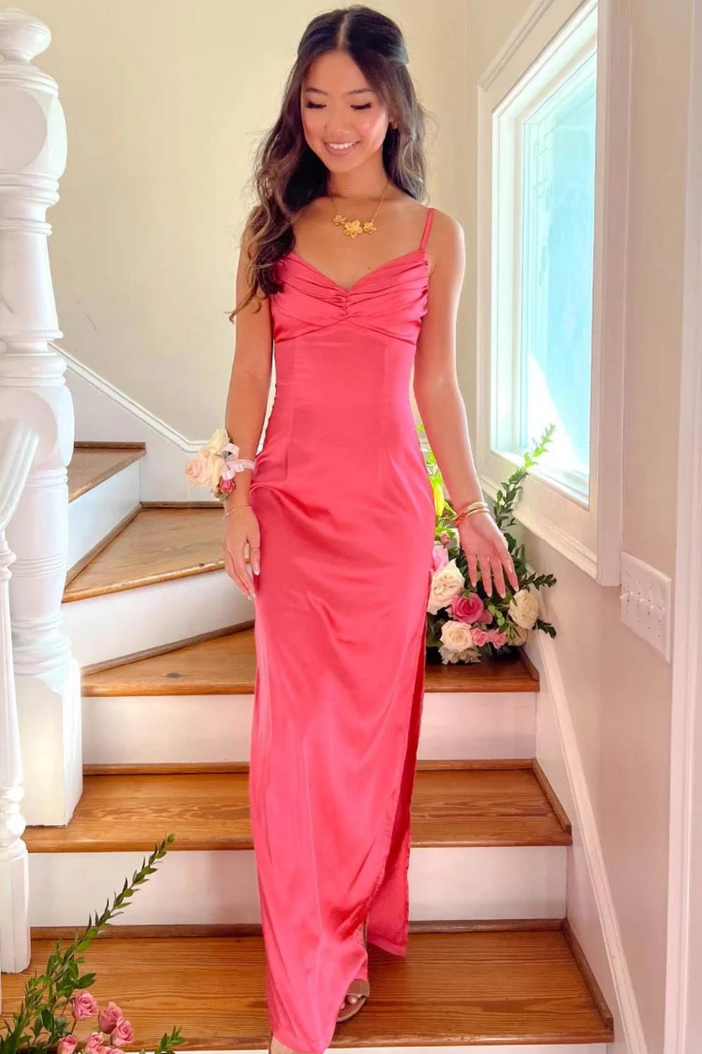 Classic Sheath Spaghetti Straps Candy Pink Long Prom Dress