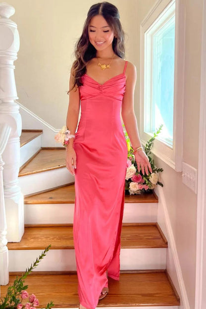 Classic Sheath Spaghetti Straps Candy Pink Long Prom Dress