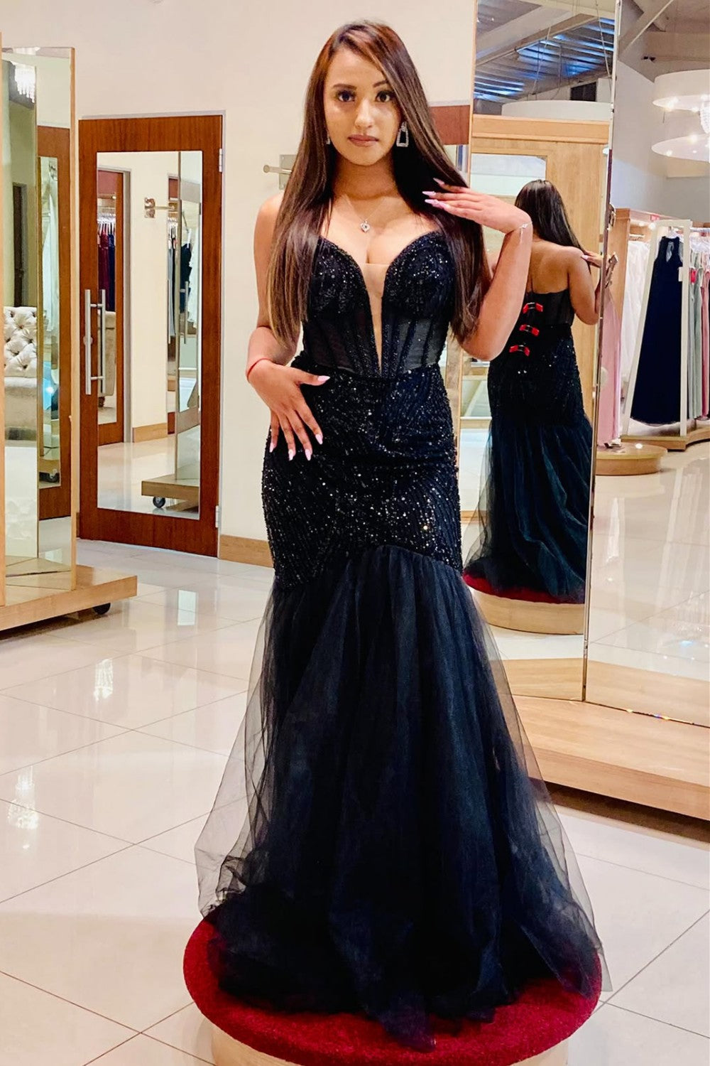 Classic Black Sequin Deep V Neck Mermaid Prom Dress