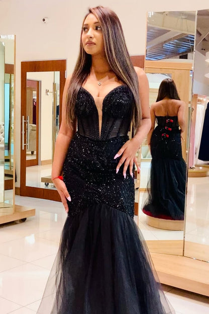 Classic Black Sequin Deep V Neck Mermaid Prom Dress