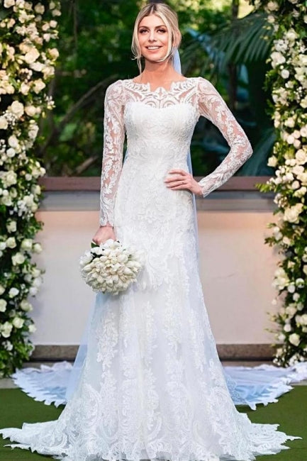 Column Lace Sleeve White Wedding Dress Bridal Gown With Appliques