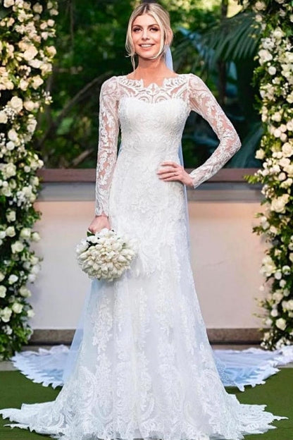 Column Lace Sleeve White Wedding Dress Bridal Gown With Appliques