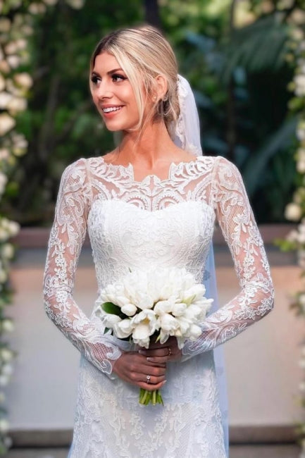 Column Lace Sleeve White Wedding Dress Bridal Gown With Appliques
