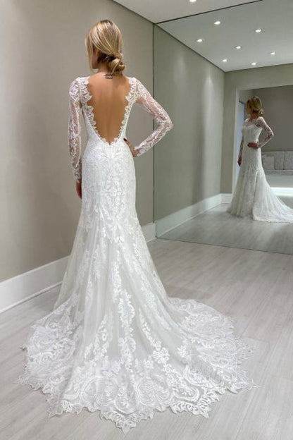 Column Lace Sleeve White Wedding Dress Bridal Gown With Appliques