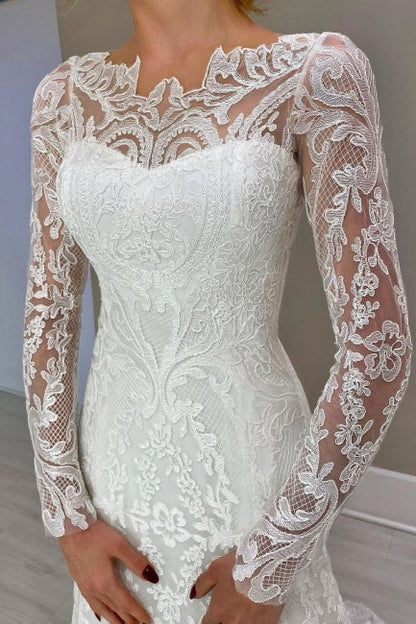 Column Lace Sleeve White Wedding Dress Bridal Gown With Appliques