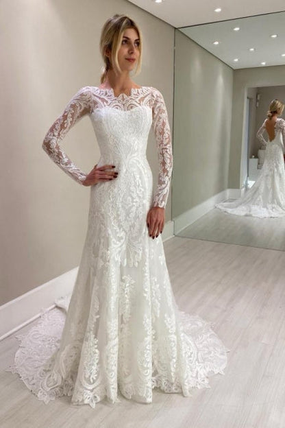 Column Lace Sleeve White Wedding Dress Bridal Gown With Appliques