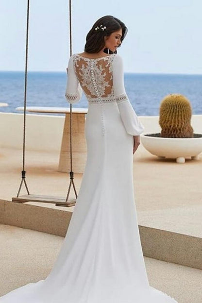 Column Satin Sleeve White Wedding Dress Bridal Gown With Appliques