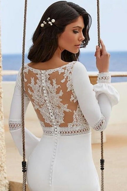 Column Satin Sleeve White Wedding Dress Bridal Gown With Appliques