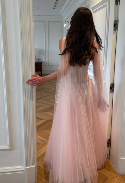 PinkA-Line Tulle Pleat Flowers Appliques Prom Dress Evening Dress