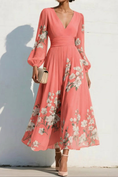 V-Neck Print-Chiffon Pleated Tea-Length Mother of the Bride Dress