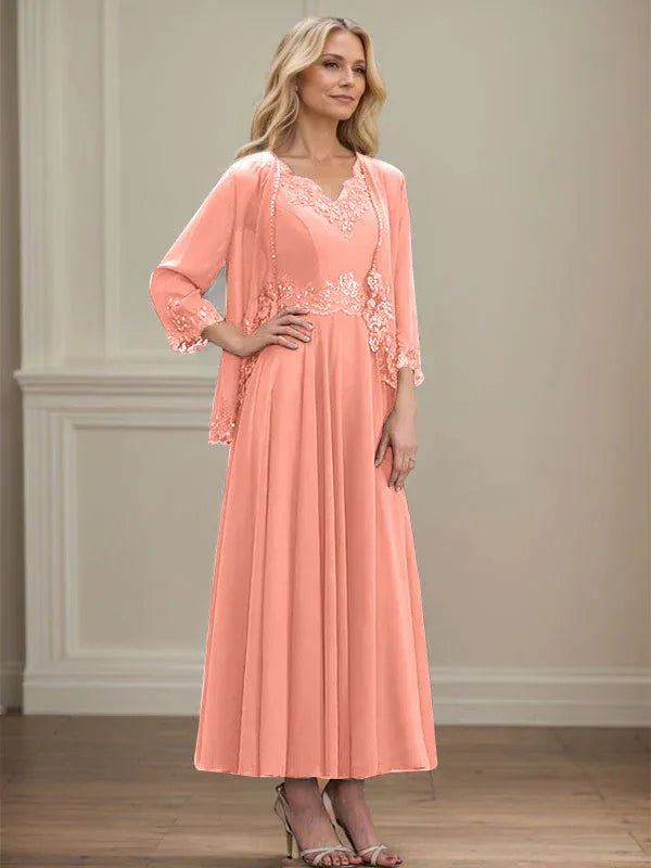 A-line V-Neck Ankle-Length Chiffon Mother of the Bride Dress