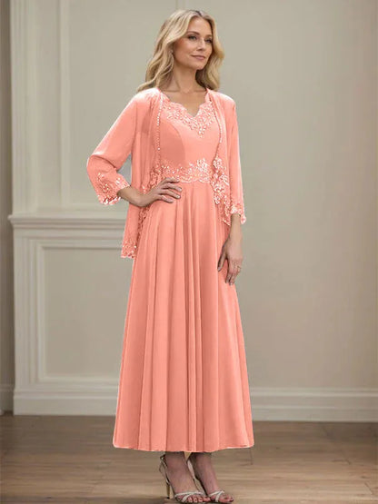 A-line V-Neck Ankle-Length Chiffon Mother of the Bride Dress
