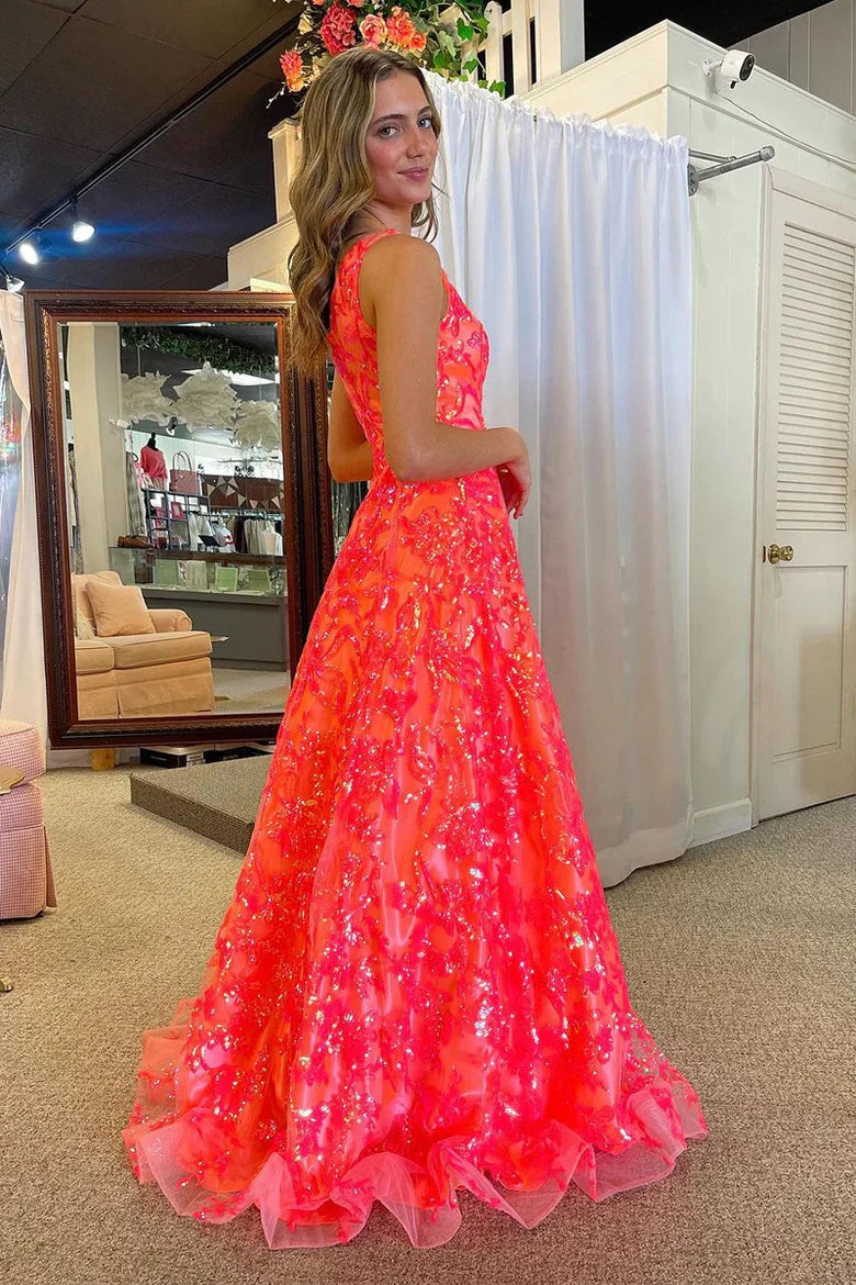 Coral Sequins Lace A Line One Shoulder Prom Dress