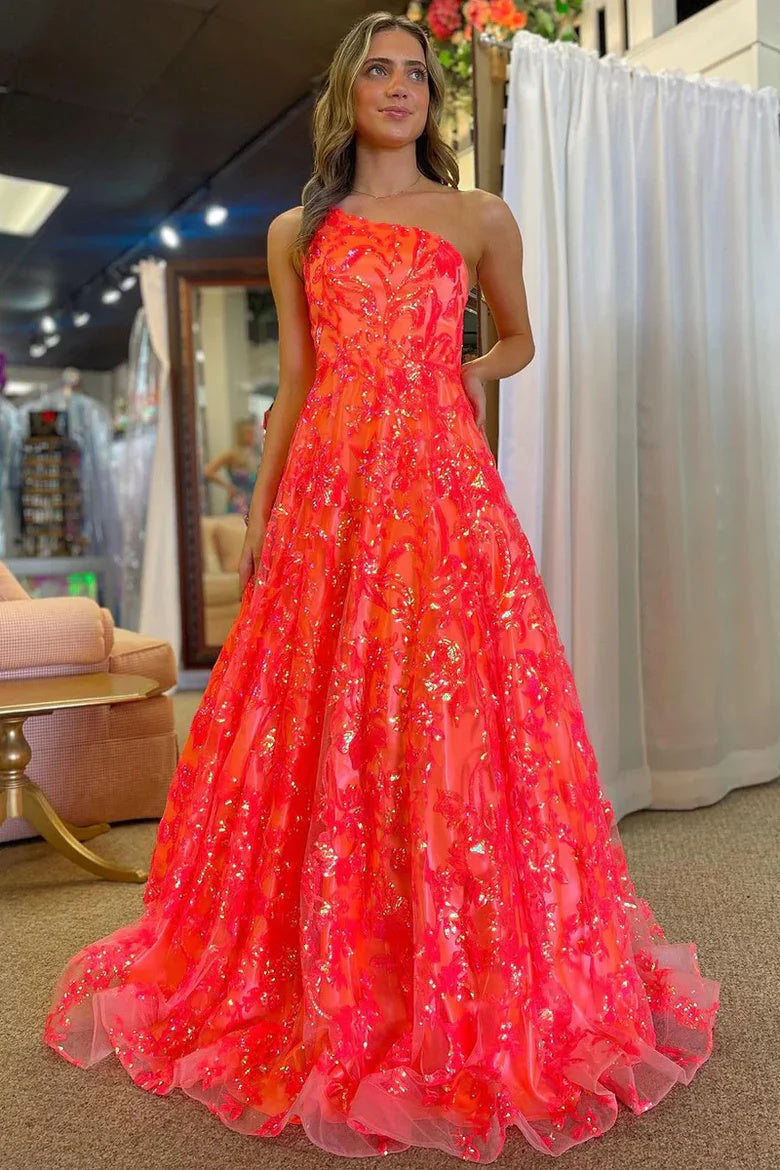 Coral Sequins Lace A Line One Shoulder Prom Dress