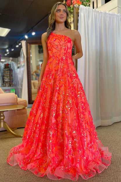 Coral Sequins Lace A Line One Shoulder Prom Dress