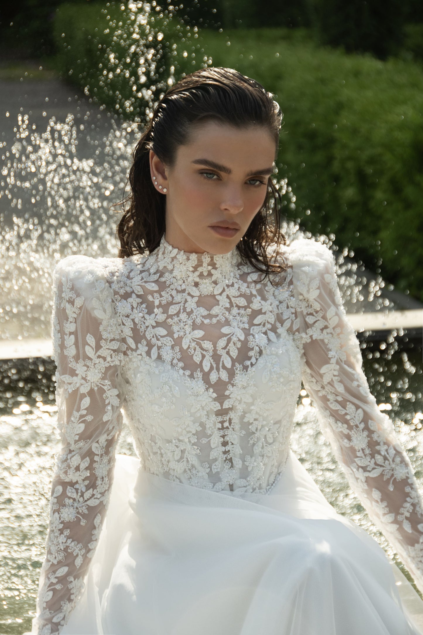 Lace and Tulle A-Line Wedding Dress with Corset and Floral Train Moire