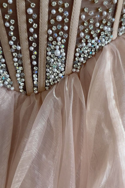 Cute A-Line Strapless Long Tulle Prom Dress With Split And Beading