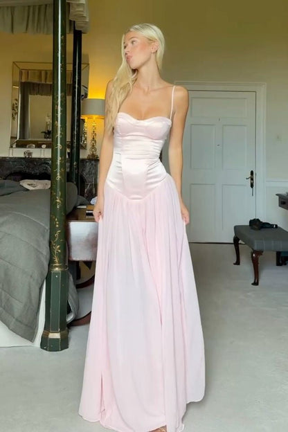 Cute A Line Spaghetti Straps Light Pink Long Prom Dress with Ruffles