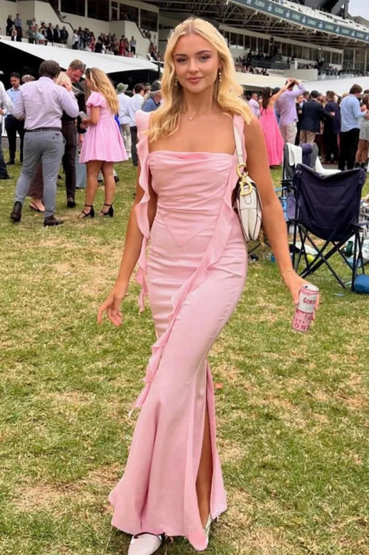 Cute Mermaid Square Neck Pink Long Prom Dress