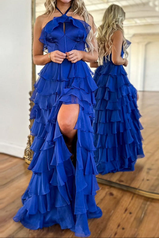 Cute Royal Blue A-Line Halter Neck Long Tiered Prom Dress