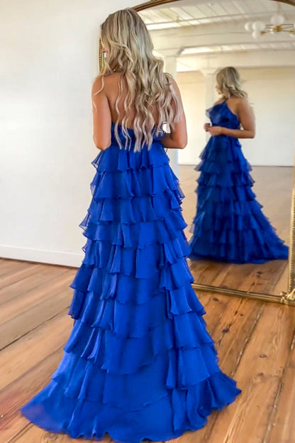 Cute Royal Blue A-Line Halter Neck Long Tiered Prom Dress