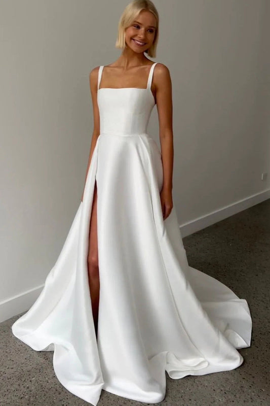 Cute A Line Square Neck Satin Wedding Dresses with Slit