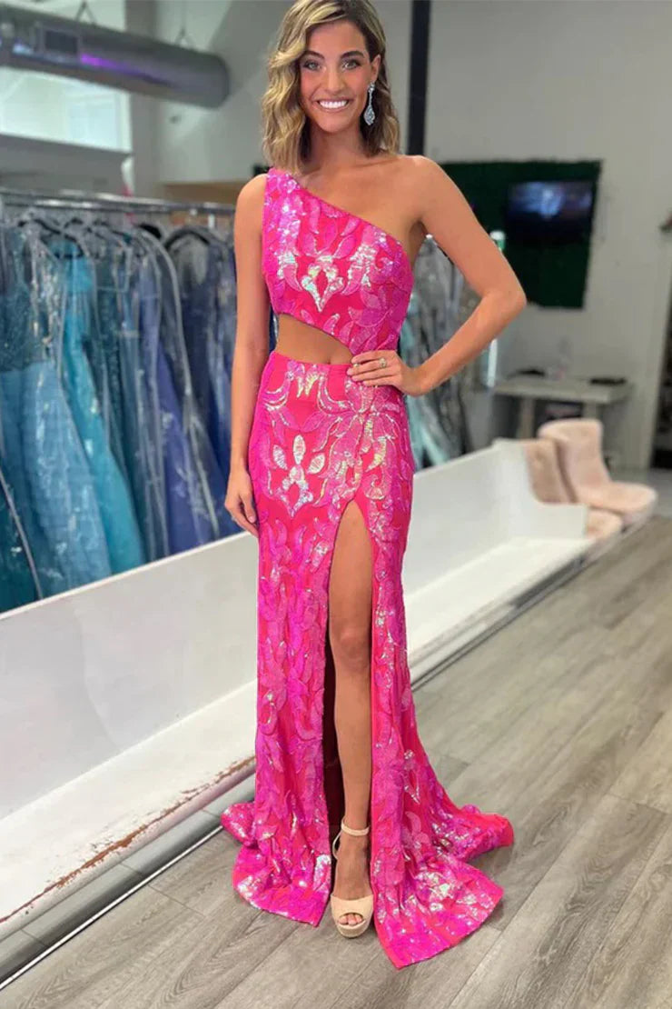 Sparkly Mermaid One Shoulder Orange Sequins Long Prom Dresses