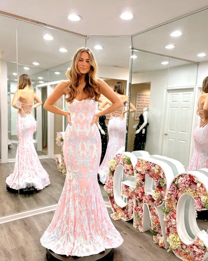 Cute Mermaid Strapless Blush Pink Long Prom Dress